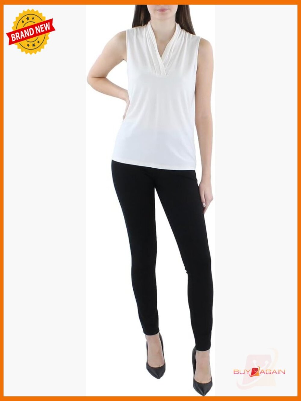 Petite Sleeveless Pleat-Neck Jersey Top, Stretch Knit, V-Neck, Work & Occasion